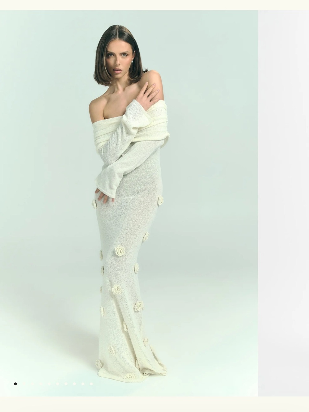 Meshki Off-Shoulder Cream Maxi Dress with Floral Appliqués